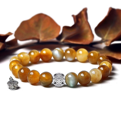 MetJakt Healing Crystals Beaded Bracelets for Womens Natural Gemstone 8mm Beads Stretch Bracelets with 925 Sterling Silver Double Happiness Pendant (Golden Tiger Eye)