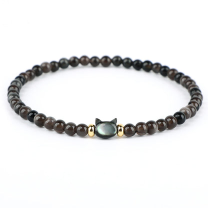 AD Beads 4mm Cat Head Silver Obsidian Bracelet – Attract Money, Abundance & Business Luck, Beaded Spiritual Energy Bracelet for Women and Men