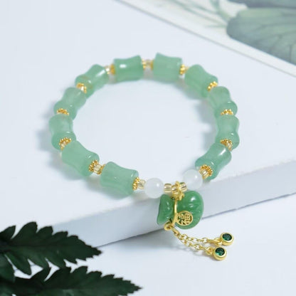 Zhang shine Bamboo Bracelet Jade Stones Lucky Money Bag Pendant Charm Stretch Beaded Bracelets For Women Fengshui Jewelry-Green White Lucky