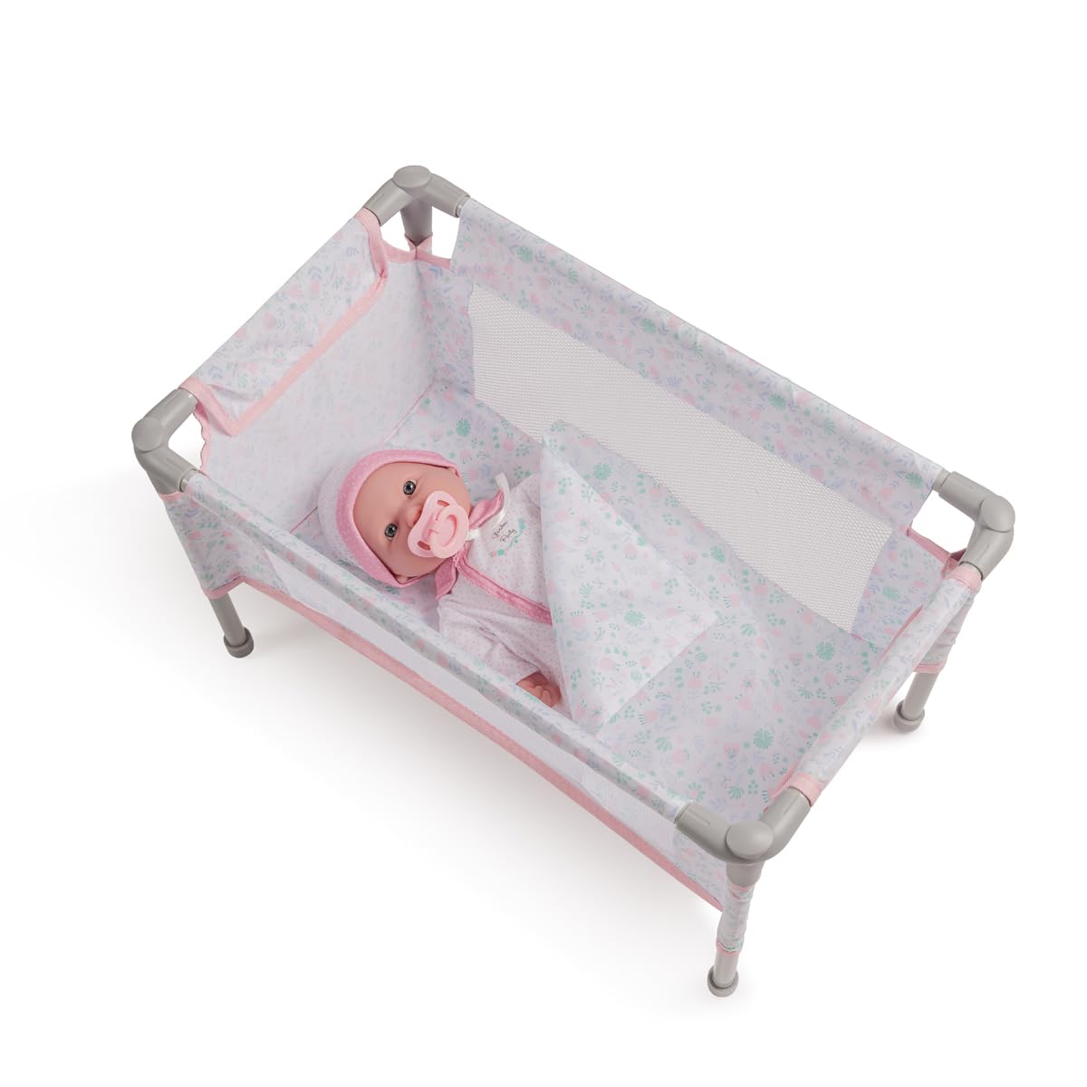 JC Toys - Berenguer Boutique | Travel Folding Crib - Playpen with Accessories | Pink Floral Collection | for Dolls up to 18" | Ages 3+
