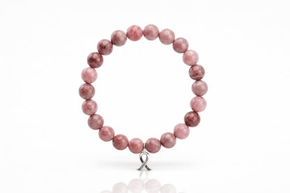 BEMELO Pink Hope Jasper Bracelet – Natural Pink Zebra Jasper Beaded Bracelet with Ribbon Charm, Inspirational Strength & Support Jewelry, Meaningful Handmade Gift for Women