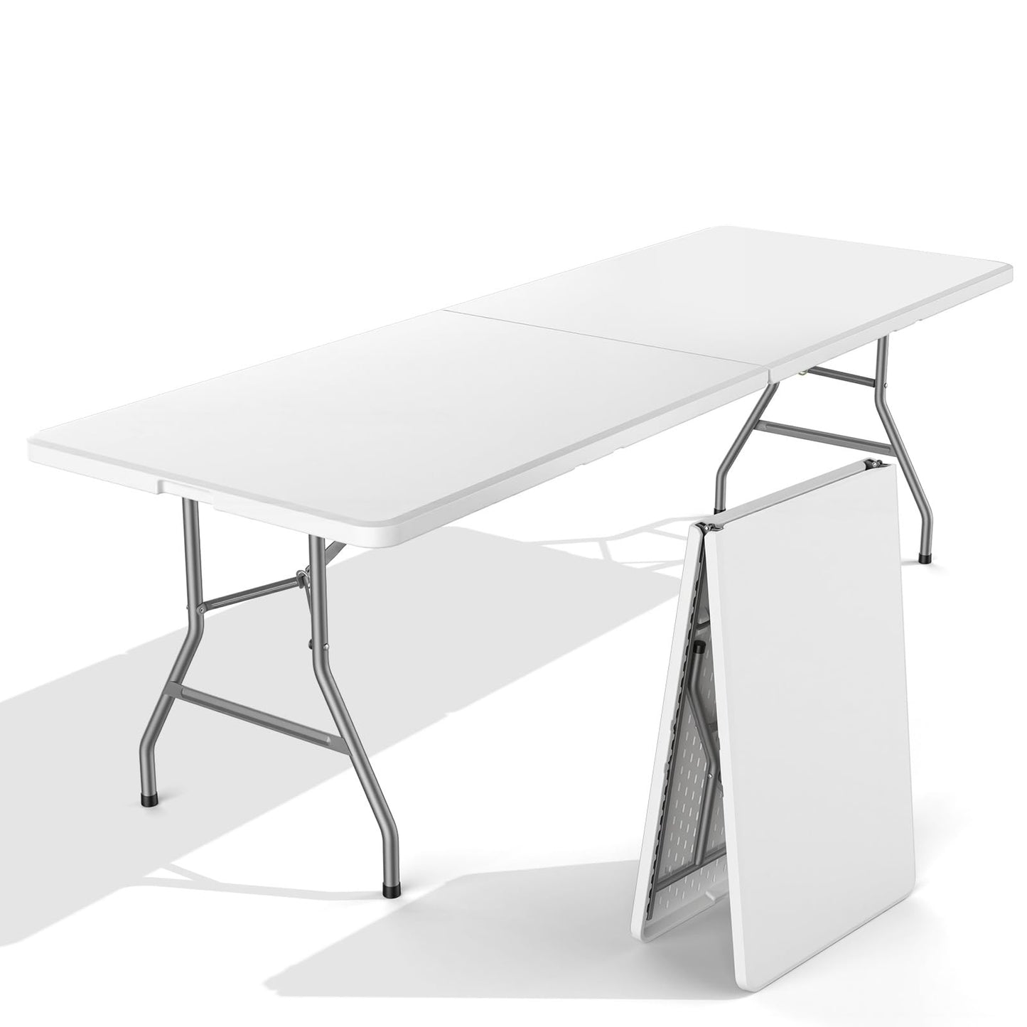 HAPPYMONT 8 Feet Folding Picnic Table, Plastic Table with Carrying Handle, Heavy Duty Portable Table for Camping Party, White