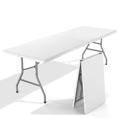 HAPPYMONT 8 Feet Folding Picnic Table, Plastic Table with Carrying Handle, Heavy Duty Portable Table for Camping Party, White