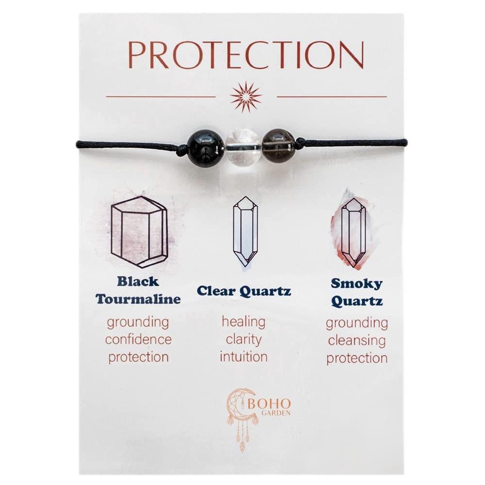 BOHO GARDEN Healing Crystal Bracelet for Protection - Spiritual Beaded Bracelets - 3 Real Natural Gem Stones, Adjustable 3-9.7” Rope - Gemstone Jewelry for Men, Women, Teens (13+) - 8mm Bead