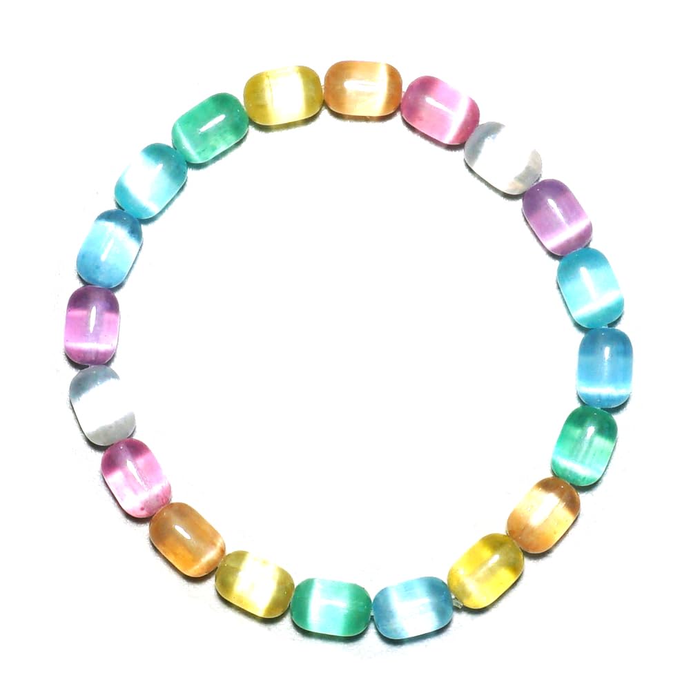 TaHLga Natural Rainbow Selenite Crystal Bracelet | Plated 6x9mm Cylinder Beads | Authentic Stone with Leather Pouch, Gift Box & Repair Kit | Fits about 7 inch Wrist