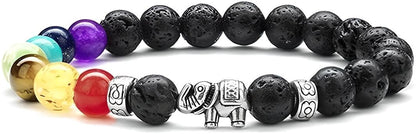 PawsFourLove Elephant Gift Bracelet, 8mm Natural Howlite Stone Bracelets for Women Men Stress Relief 7 Chakra Yoga Bracelet Bead Bracelets for Women Elephant (7 Chakra Silver/Lava)