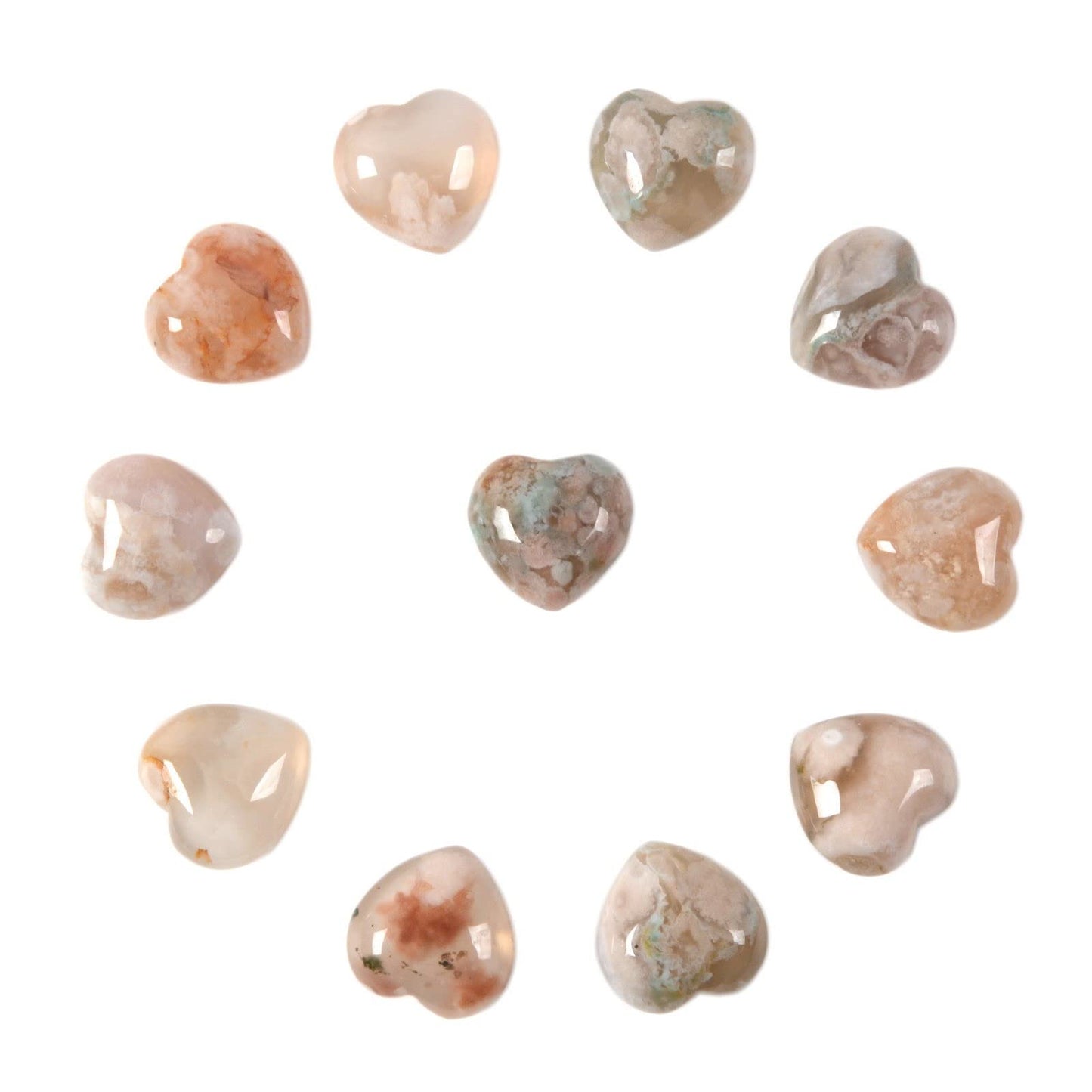 Natural Sakura Agate Gemstone Healing Crystal 0.8" Mini Puffy Heart Pocket Stone Iron Gift Box (Pack of 10)