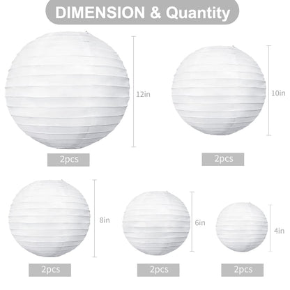 BEISHIDA 10Pcs White Paper Lanterns Decorative Chinese/Japanese Hanging Round Paper Lanterns Lamp for Birthday, Wedding, Christmas, Bridal, Home Decor, Party Decoration(Size of 4”, 6”, 8”, 10”)