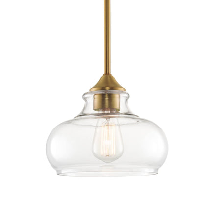 Kira Home Harlow 9" Modern Schoolhouse Pendant Light with Clear Glass Shade, Industrial Farmhouse Hanging Light with Schoolhouse Glass, Warm Brass Finish