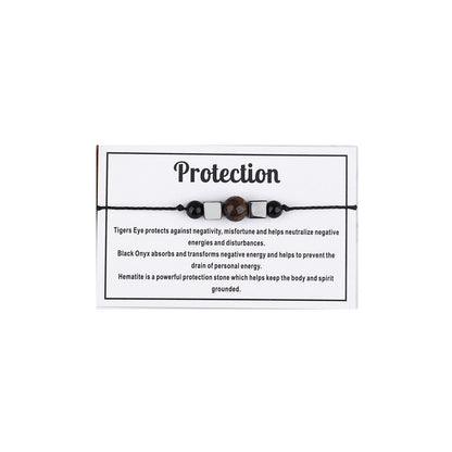 Multistyle Healing Crystal Stone Bead Strand Card Bracelets Handmade Adjustable Wax Rope Yoga Amethyst Tigereye Chakra Bracelets for Women Men Meditation Relax Anxiety Jewelry Gift (Protection)