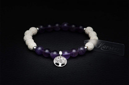Karseer Tree of Life Charms Gemstone Beaded Bracelet Natural Crystal Amethyst White Lava Rock Essential Oil Diffuser Aromatherapy Bracelet for Women