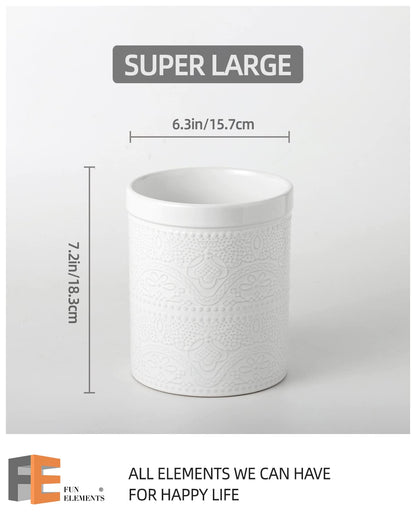 FUN ELEMENTS Kitchen Utensil Holder, 7.2" Super Large Utensil Crock Heavy and Stable Lace Emboss Ceramic Utensil Holder for Kitchen Counter (Bright White)