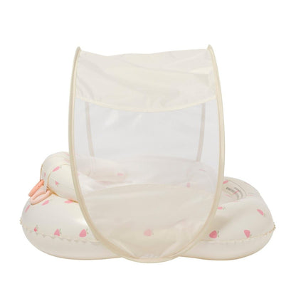 SUNNYLiFE Baby Float with Canopy — UPF40 Infant Pool Float, Adjustable Fabric Seat, 4 Silicone Play Rings | 6-12 Months - Strawberry Sunshine Pink