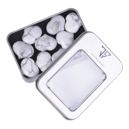 Natural Howlite Gemstone Healing Crystal 1 inch Mini Puffy Heart Pocket Stone Iron Gift Box (Pack of 10)
