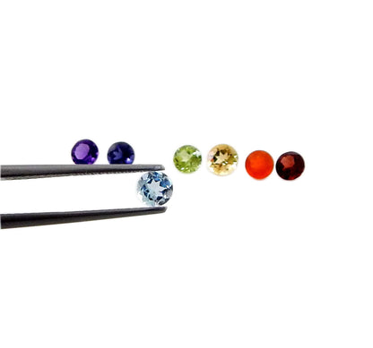 Myhealingworld Natural Amethyst Iolite Blue Topaz Peridot Citrine Carnelian and Garnet 3mm round faceted brilliant cut 7 chakra AAA quality loose calibrated gemstones for jewelry making (BOX 1 - (Round 3mm = 7 Stones)