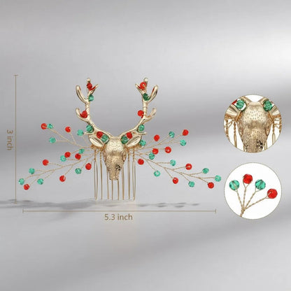 Reindeer Antler Hair Comb with Red Green Beads Gold Christmas Antler Side Comb for Women Cute Xmas Headpiece Red Bridal Accessories for Wedding Birthday Festive Party