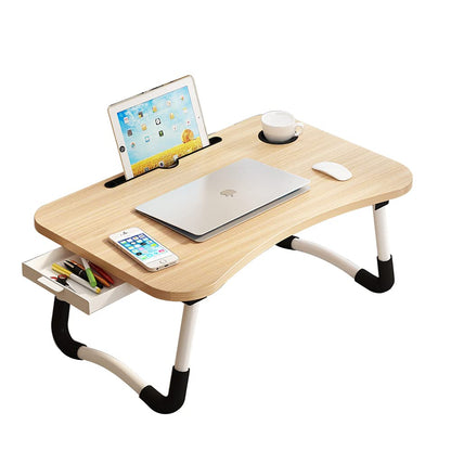 Lap Desk with Storage Drawer, Holders for Cup and Tablet, Laptop Bed Tray Table with Foldable Legs, Laptop Bed Stand, Portable Standing Table for Sofa Couch Floor (23", Walnut)