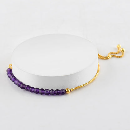 InfinityGemsArt Amethyst Bracelets For Women, Natural February Birthstone Jewelry, Dainty Purple Beads Stone Bolo Slider Crystals Gemstones, 14K Gold Plated Chain, Birthday Valentines Day.