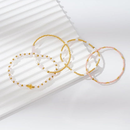 Bohxantium Gold Pearl Crystal Cross Bracelet for Women 14K Gold Plated Beads Pearl Pink Crystal Beaded Bracelet Stack Stretch Stackable Non Tarnish Trendy Jewelry Friendship Christian Gift for Women