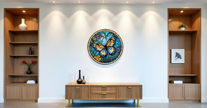 LMSDYSHU Butterflies and Mosaic,Tempered Glass Wall Art,unframed，Easy to clean,18"（45.72cm） Diameter (blue)