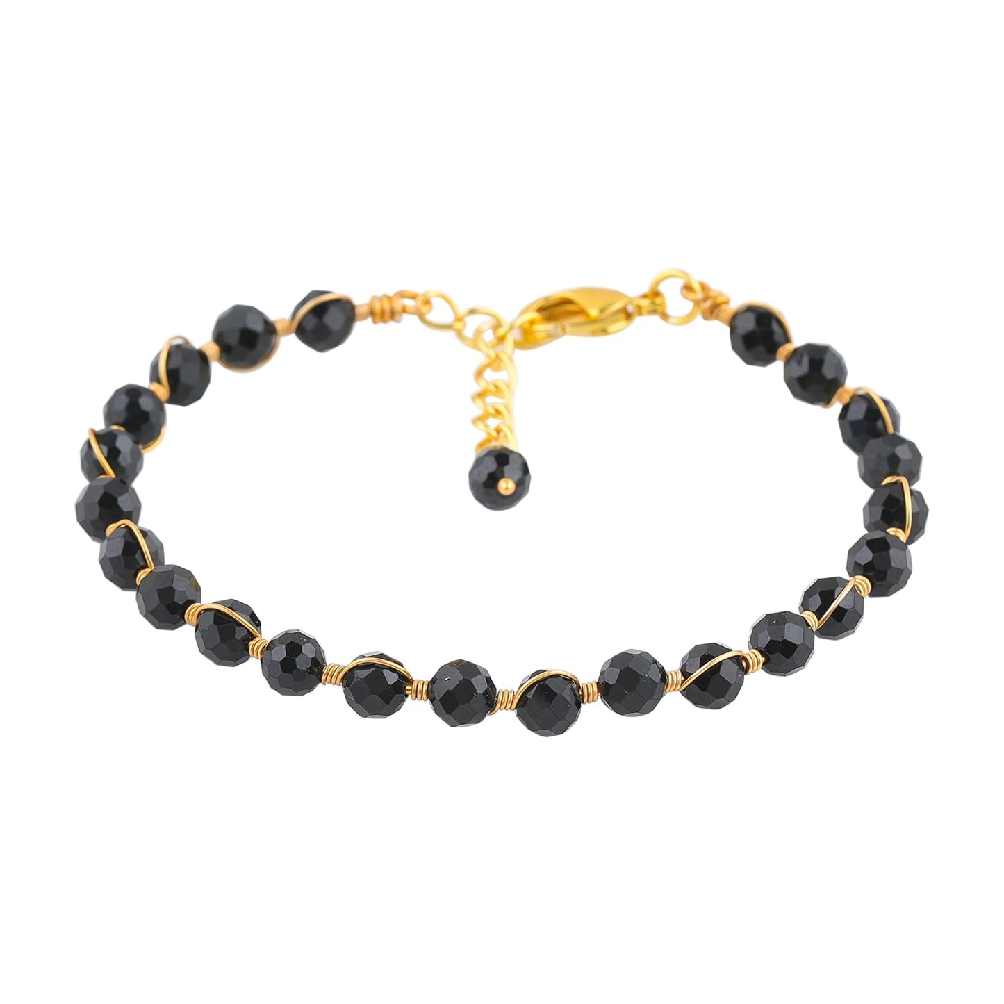CRYSTALIS Wholesale Bulk Natural Black Tourmaline Gemstone Beads Strand Bracelet, Wire Wrapping Elegant Beaded Crystal, Chakra Healing Bracelet, Stones Jewelry, Gold Plating 8 inch