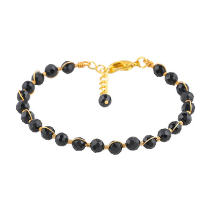 CRYSTALIS Wholesale Bulk Natural Black Tourmaline Gemstone Beads Strand Bracelet, Wire Wrapping Elegant Beaded Crystal, Chakra Healing Bracelet, Stones Jewelry, Gold Plating 8 inch