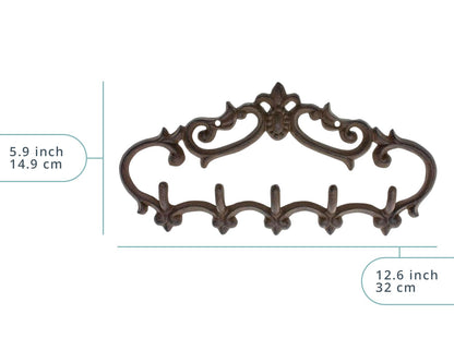 Comfify Cast Iron Wall Mounted Hanger – Vintage Design with 5 Hooks for Keys, Towels, Robes, and Clothes – Heavy Duty Rustic Metal – 12.6" x 5.9" – Brown