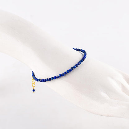 Natural Blue Lapis Lazuli Gemstone Micro Beads Dainty Bracelet Jewelry for Women, Birthstone, Chakra Energy Crystals, 14k Gold Plated Chain 8 inch Adjustable