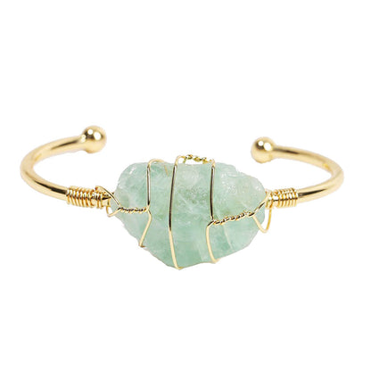 COLORFUL BLING Healing Stone Gold Plated Copper Wire Wrapped Natural Stone Cuff Bangle Gemstone Bracelet Chakra Energy Women Adjustable Open Bracelet Jewelry-D green