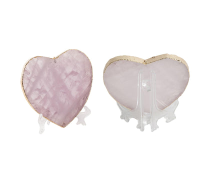 AMOYSTONE Large Heart Stone Rose Quartz Healing Crystals Birthday Gifts for Women, Natural Reiki Meditation Pink Crystal Gilded Edge Heart Shaped 3.5-4"/pc with Plastic Bracket