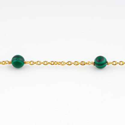 Jewel of Rocks Malachite Beaded Anklet Bracelet, Handmade Craft, Beads, Chakra Healing, Gemstone Women Jewelry, Hypoallergenic Gold Plated Brass 9 inch + 1.5 inch (1pcs)