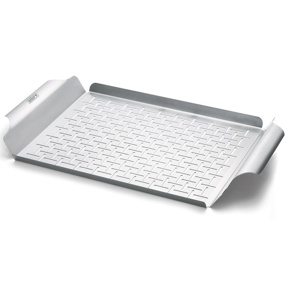 Weber Grill Pan – Durable Stainless Steel Pan for Small or Delicate Foods, 1/8" Slits for Drainage, Wide Carry Handles