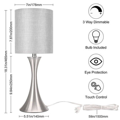 3 Way Touch Control Table Lamp, Dimmable Bedside Desk Lamp with Metal Base Modern Nightstand Lamp Stylish Grey Shade Simple Side Table Lamp for Bedroom, Living Room, Office or Den LED Bulb Included