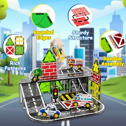Magnetic Tiles Road Car Set,Magnetic Building Blocks for Kids, Learning Sensory Montessori Toys for 3-8 Year Old Boys Girls, Birthday Gifts for 3-8 Year Old Boys Girls, STEM Toys for Toddler