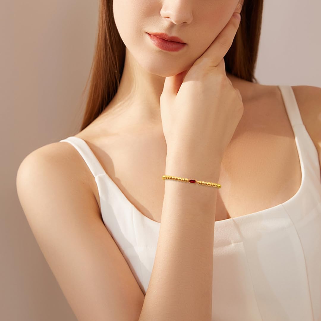Free bird Ruby Birthstone Bracelet 14K Gold Plated Beaded Bracelets Dainty Stretchable Elastic Beaded Bracelet Stackable Trendy Gold Bracelet for Anniversary Jewelry Gifts