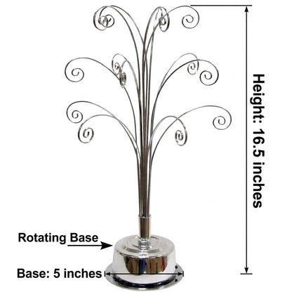 HOHIYA Ornament Display Stand 360° Rotating Christmas Tree Display with 15 Metal Hooks Tabletop Ornament Hanger for Crystal Glass Baubles Elegant Chrome Silver Eater Decor