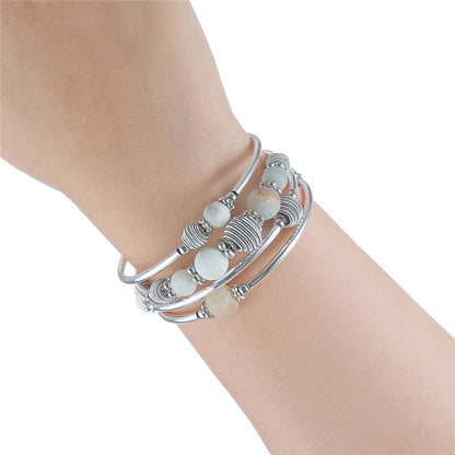 PEARL&CLUB Beaded Chakra Bangle Turquoise Bracelet - Fashion Jewelry Wrap Bracelet with Thick Silver Metal and Mala Beads, Birthday Gifts For Women(Green)