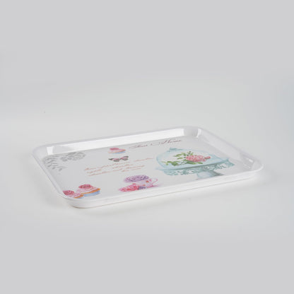 4-Pack Melamine Serving Tray Set - Rectangle Stackable Food Breakfast Fruit Platter with Floral Print for Gift Party Decor Home Restaurant (Cake)