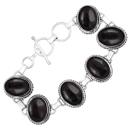 Natural Black Onyx Silver Plated Handmade Link Bracelet for Women - July Birthstone Oval Gemstone Adjustable Bracelet Vintage Style Jewelry - Wedding Christmas Gifts for Her
