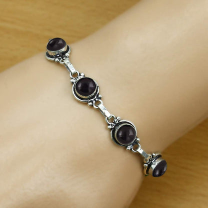 Natural Black Onyx 925 Silver Plated Adjustable Bracelet for Women - July Birthstone Round Gemstone Handmade Bohemian Link Bracelet - Wedding Christmas Valentine Day Gifts for Her