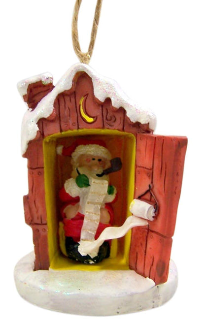 Cape Shore Santa in Outhouse Making His List Resin Christmas Ornament