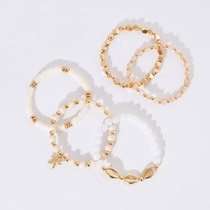 GOOJIDS Surfer Heishi Clay Bead Bracelets for Women Starfish Stackable Gold Plated Beaded Stretch Bracelets Elastic Layering Friendship Bracelets Set Jewelry