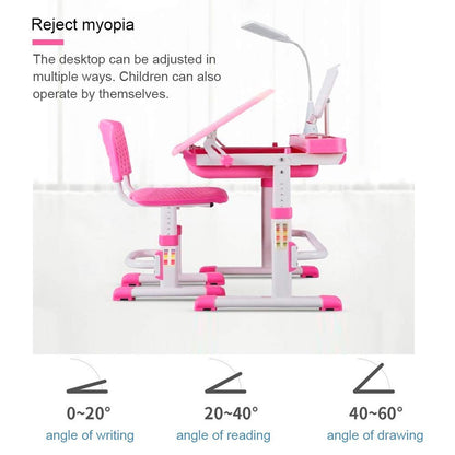 LVYUAN Kids Functional Desk and Chair Set, Ergonomic Height Adjustable Children School Study Desk with Tilt Desktop, Book Stand, LED Light, Metal Hook and Storage Drawer for Boys Girls(Pink)