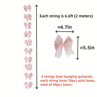 YMASELA Pink Bow Hanging Garlands (6.6ft X4strings) Sheer Chiffon Ribbon Bowknot Hanging Decorations Party Streamers for Wedding Bridal Shower, Girl Bow Theme Bachelorette Party Baby Shower Supplies
