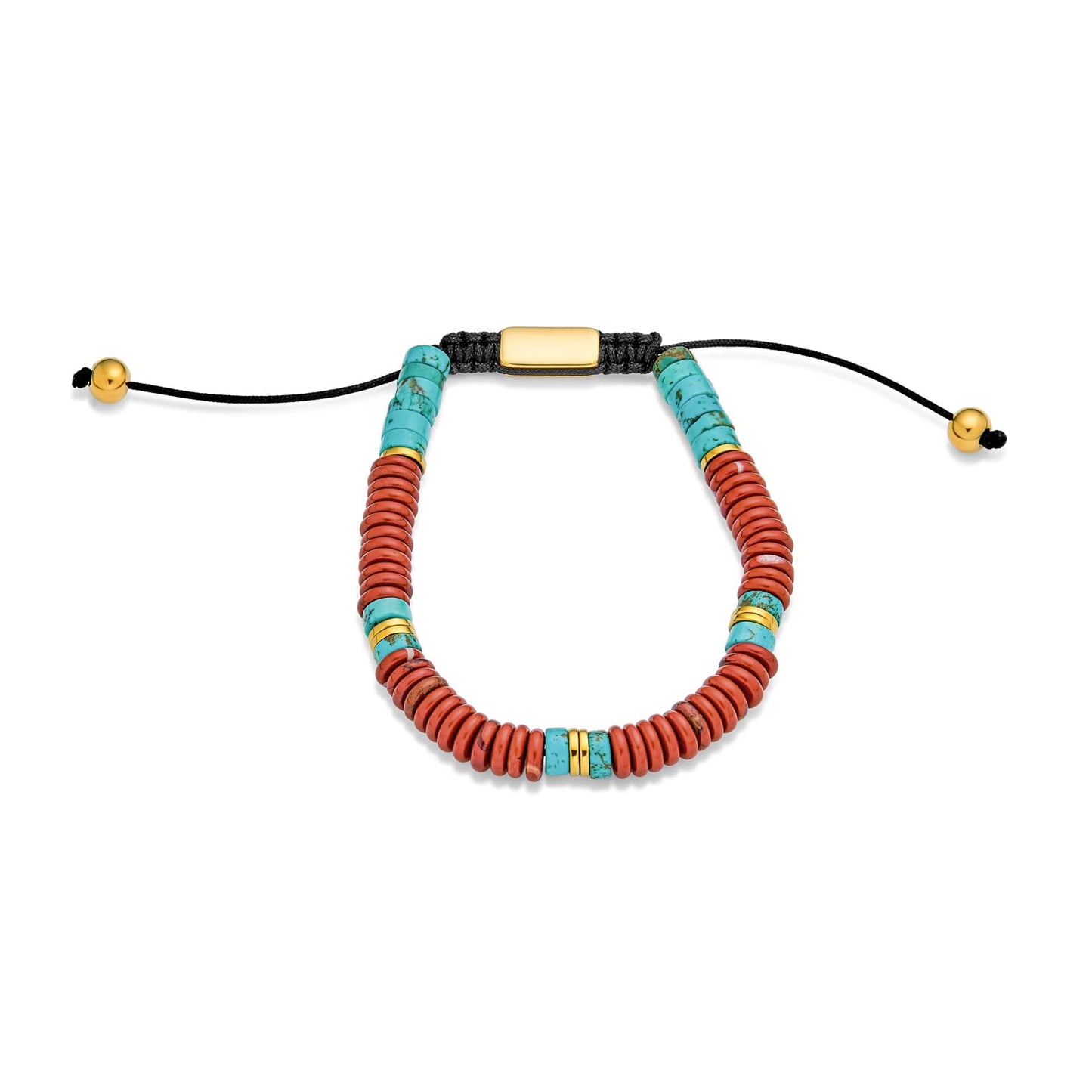 Boho South Western Style Natural Gemstone Brick Red Blue Turquoise & Carnelian Stones Chakra Stacking Bolo Bracelet Gold Plated Stainless Steel Spacers Rondel Tube Beads Adjustable Slider Cord 7-9”