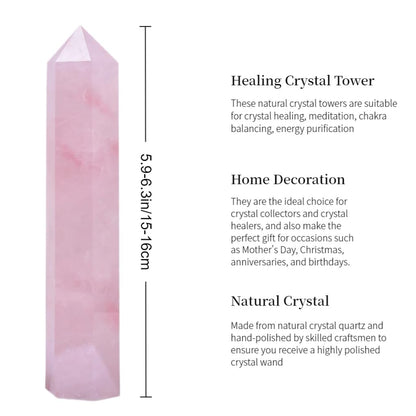 RUIJINGYUAN Rose Quartz Crystal Tower 6-6.3" - 6 Faceted Single Point Crystal Wand for Chakra, Reiki, Meditation & Energy Healing Home Decor Gift