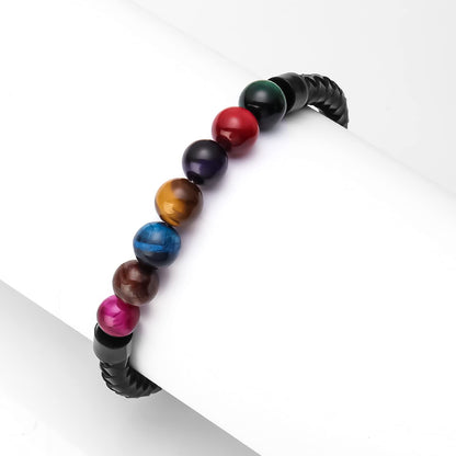 Ckysee 7 Color Tiger Eye Stone Healing Balancing Genuine Leather Beads Bracelet Magnetic Clasp Bracelet 8.5"
