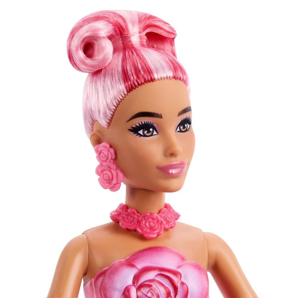 Barbie Petal Pop Scented Doll with Rose Dress & Accessories, Bouquet Reveal with Pet Bunny & Surprises Like Watering Can, Necklace & Earrings