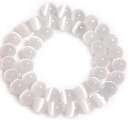 HAAMIIQII 45pcs 8mm White Cat Eye Beads Round Loose Gemstone Beads for Jewelry Making Strand 15 Inch