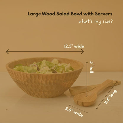 Salad Bowl with Servers, Wooden Bowl, 12.5" Wide